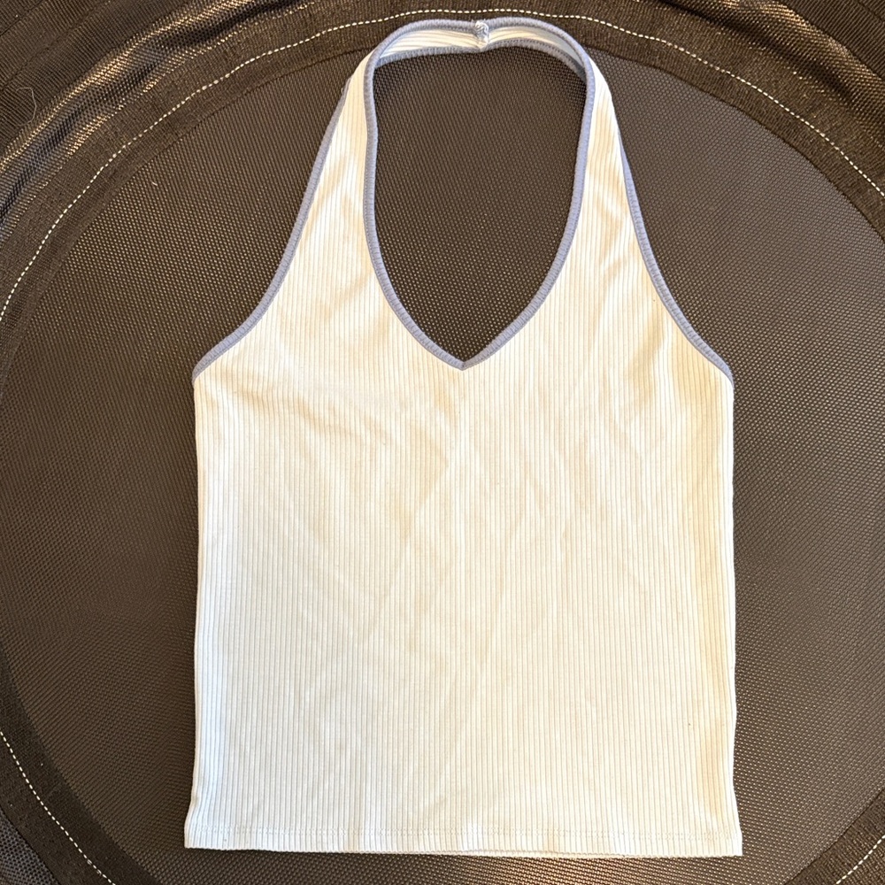 American Eagle Outfitters White Ribbed Halter Tank with Gray Trim